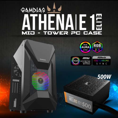 GAMDIAS ATHENA E1 Elite Tempered Glass Mesh ARGB 500W GAMING KASA