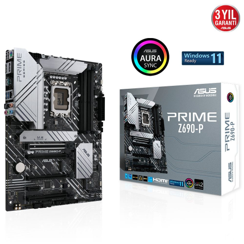 ASUS PRIME Z690-P, 4xDDR5, 3x M.2, HDMI, DP, 12.Nesil, LGA1700 Soket, ARGB Gaming Anakart
