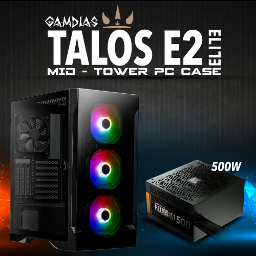 GAMDIAS TALOS E2 Elite, 500W, Tempered Glass, ARGB, GAMING KASA